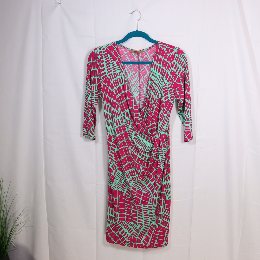 Ad‎ Hoc Faux Wrap Sheath Dress S Pink Green Womens Geometric V-Neck
